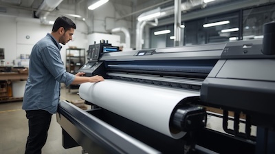 technician operating a large format printer
